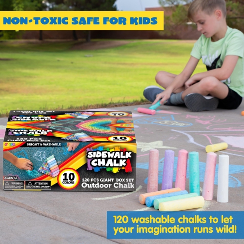 Joyin Toy 120 Pack Giant Box Non-toxic Jumbo Washable Sidewalk Chalk Set in 10 Colors