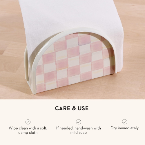 MACKENZIE-CHILDS Enamel Napkin Holder, Kitchen Napkin Holder for Table and Countertop, Pink-and-White Rosy Check