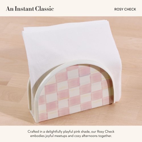 MACKENZIE-CHILDS Enamel Napkin Holder, Kitchen Napkin Holder for Table and Countertop, Pink-and-White Rosy Check