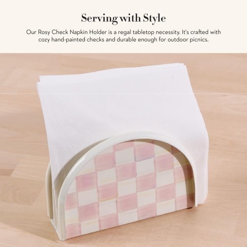 MACKENZIE-CHILDS Enamel Napkin Holder, Kitchen Napkin Holder for Table and Countertop, Pink-and-White Rosy Check