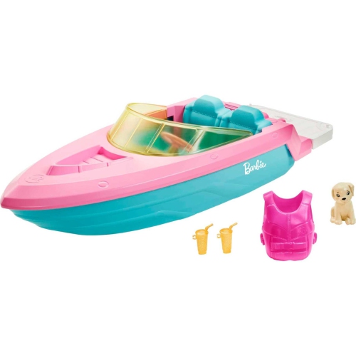 BARBIE  Toy Boat With Pet Puppy, Life Vest And Beverage Accessories, Fits 3 Dolls And Floats In Water The puppy included is super cute, and they love incorporating their other dolls and toys with this