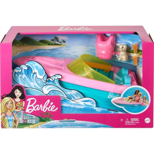 Barbie Toy Boat with Pet Puppy, Life Vest and Beverage Accessories, Fits 3 Dolls and Floats in Water