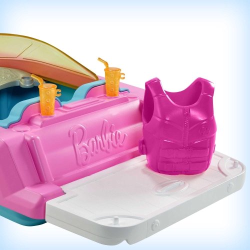 Barbie Toy Boat with Pet Puppy, Life Vest and Beverage Accessories, Fits 3 Dolls and Floats in Water