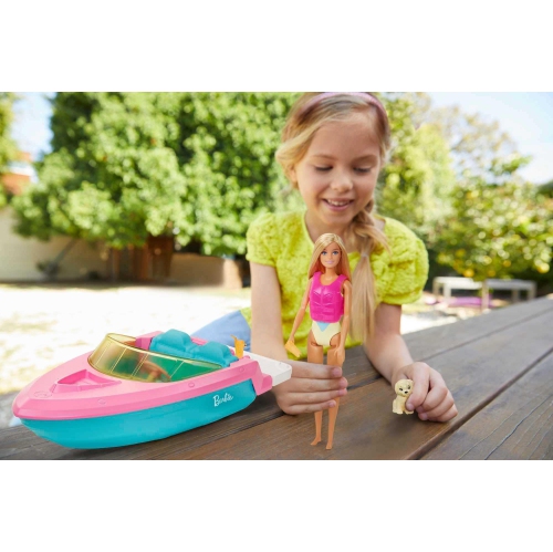 Barbie Toy Boat with Pet Puppy, Life Vest and Beverage Accessories, Fits 3 Dolls and Floats in Water