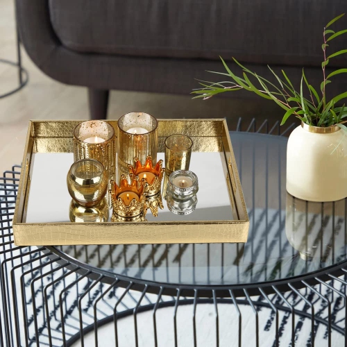 Vixdonos – Plateau de rangement en cuir avec plateau miroir décoratif pour femmes, plateau de coiffeuse pour maquillage et parfum sur commode (grand,