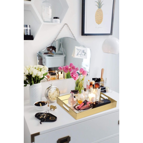 Vixdonos – Plateau de rangement en cuir avec plateau miroir décoratif pour femmes, plateau de coiffeuse pour maquillage et parfum sur commode (grand,