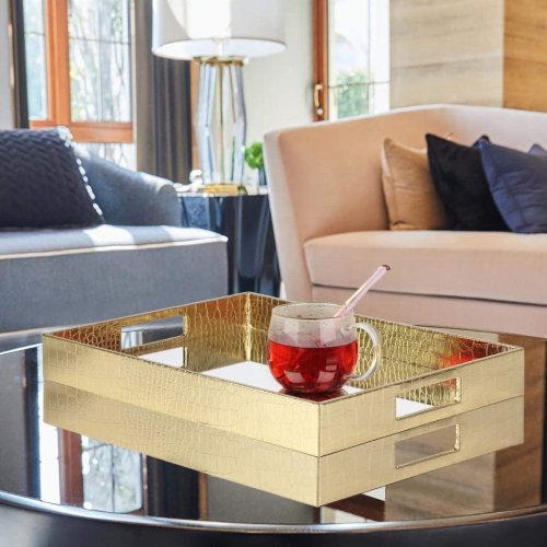 Vixdonos – Plateau de rangement en cuir avec plateau miroir décoratif pour femmes, plateau de coiffeuse pour maquillage et parfum sur commode (grand,