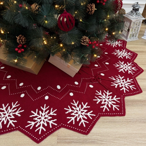 48-Inch Wavy Edged Reversible Knit Christmas Tree Skirt: Burgundy & White Snowflake Pattern with Lace Ties