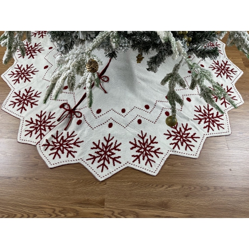 48-Inch Wavy Edged Reversible Knit Christmas Tree Skirt: Burgundy & White Snowflake Pattern with Lace Ties