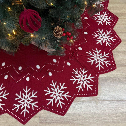 48-Inch Wavy Edged Reversible Knit Christmas Tree Skirt: Burgundy & White Snowflake Pattern with Lace Ties