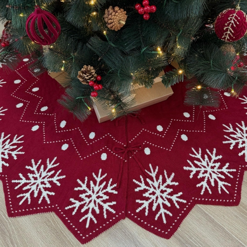 48-Inch Wavy Edged Reversible Knit Christmas Tree Skirt: Burgundy & White Snowflake Pattern with Lace Ties