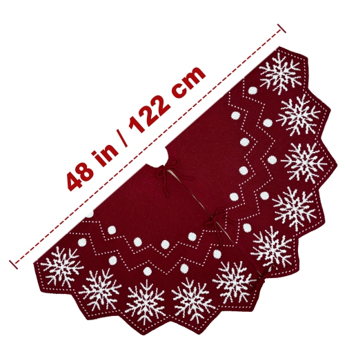 48-Inch Wavy Edged Reversible Knit Christmas Tree Skirt: Burgundy & White Snowflake Pattern with Lace Ties