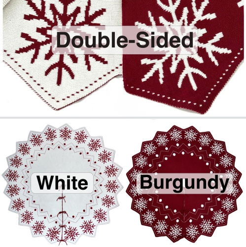 48-Inch Wavy Edged Reversible Knit Christmas Tree Skirt: Burgundy & White Snowflake Pattern with Lace Ties