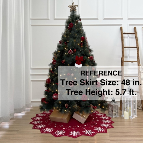 48-Inch Wavy Edged Reversible Knit Christmas Tree Skirt: Burgundy & White Snowflake Pattern with Lace Ties