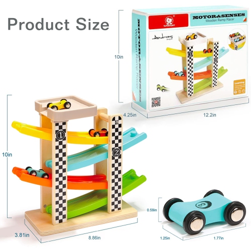 TOP BRIGHT Wooden Car Ramp Toy for 1 2 3 Year Old Boy Girl Gift, Toddler Race Track Toy for One Year Old with 4 Mini C..