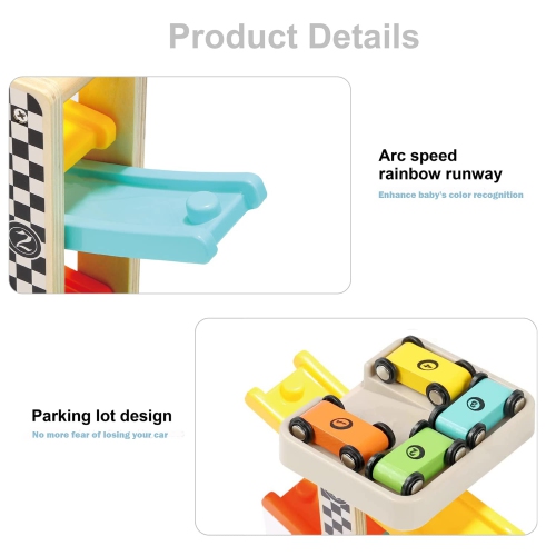 TOP BRIGHT Wooden Car Ramp Toy for 1 2 3 Year Old Boy Girl Gift, Toddler Race Track Toy for One Year Old with 4 Mini C..