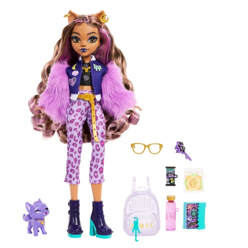 Monster High Clawdeen Wolf Doll with Pet Dog Crescent and Accessories Like Backpack, Planner, Snacks and More