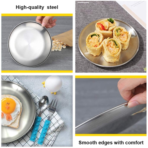 Ensemble de 12 assiettes en acier inoxydable, assiettes plates réutilisables en métal brossé, plats en métal pour pique-nique bifteck