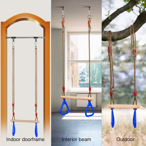 PELLOR Playground Children's Wooden Trapeze Swing Bar with Plastic Gym Rings Swing Set for Indoor & Outdoor Fun