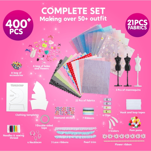 Klever Kits 400+PCS Fashion Design Crafts for Kids Art and Crafts Toy DIY Sewing Crafts with 3 Mannequins for Girls Ag..