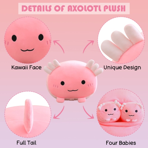 SQEQE Axolotl Plush Axolotl Stuffed Animal with 4 Babies in Her Tummy, Soft Cotton Plushies Animal Pillow Gifts for Ki..