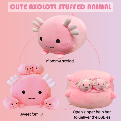 SQEQE Axolotl Plush Axolotl Stuffed Animal with 4 Babies in Her Tummy, Soft Cotton Plushies Animal Pillow Gifts for Ki..