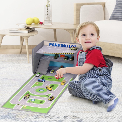 Livememory Toy Car Garage Box - Toy Car Storage for Boys with Car Rug Play Mat