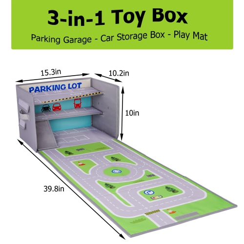 Livememory Toy Car Garage Box - Toy Car Storage for Boys with Car Rug Play Mat
