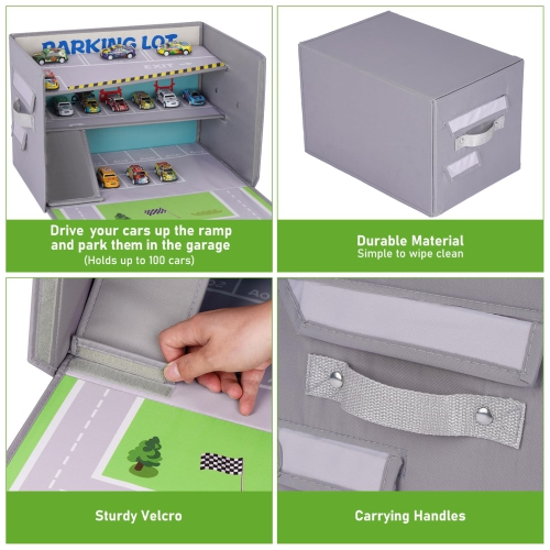 Livememory Toy Car Garage Box - Toy Car Storage for Boys with Car Rug Play Mat