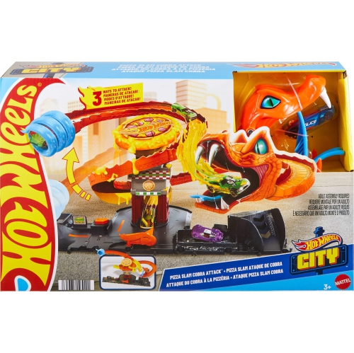 Hot Wheels City Toy Car Track Set, Pizza Slam Cobra Attack, Snake Tail Spiral Track with Randomizer, 1 Vehicle in 1:64..