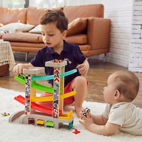 TOP BRIGHT Toddler Toys for 2 Year Old Boy and Girl Gifts Wooden Race Track Car Ramp Racer with 4 Mini Cars