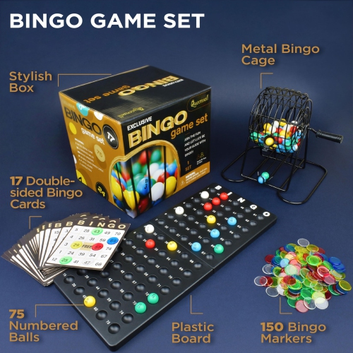 Queensell Bingo Game for Adults - Best Board Game With Metal Cage, Balls Set, and Cards - Family Game for Large Groups