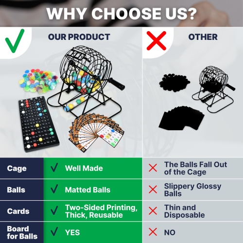 Queensell Bingo Game for Adults - Best Board Game With Metal Cage, Balls Set, and Cards - Family Game for Large Groups