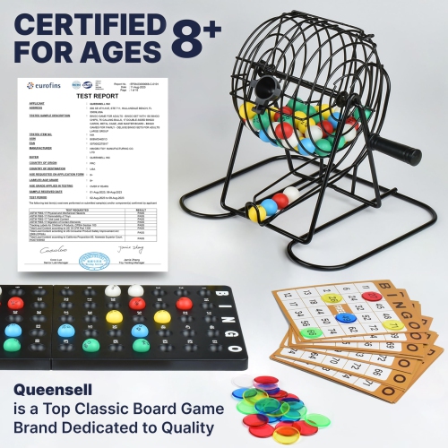 Queensell Bingo Game for Adults - Best Board Game With Metal Cage, Balls Set, and Cards - Family Game for Large Groups