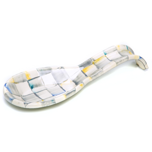 MACKENZIE-CHILDS Enamel Spoon Rest, Kitchen Utensil Rest and Spoon Holder, Kitchen Decor, Gray-and-White Sterling Check