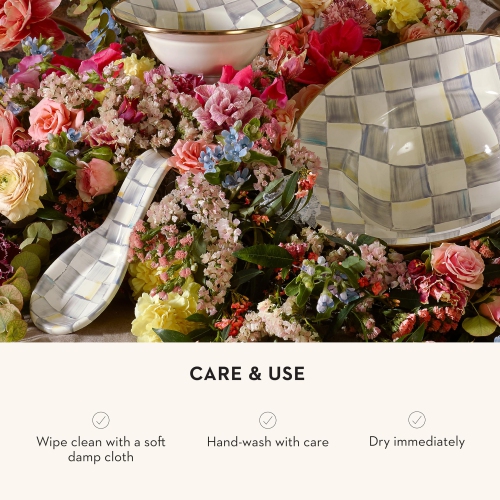 MACKENZIE-CHILDS Enamel Spoon Rest, Kitchen Utensil Rest and Spoon Holder, Kitchen Decor, Gray-and-White Sterling Check