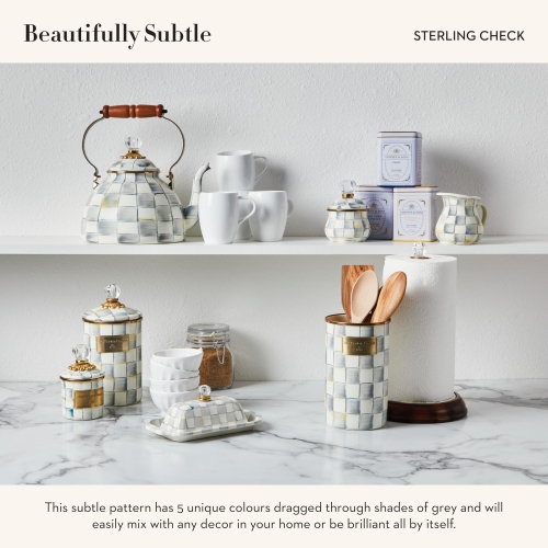 MACKENZIE-CHILDS Enamel Spoon Rest, Kitchen Utensil Rest and Spoon Holder, Kitchen Decor, Gray-and-White Sterling Check