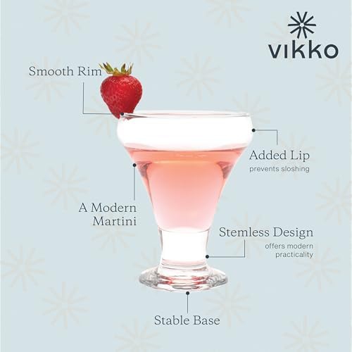 Vikko Cocktail Glasses Set of 12, Crystal Clear 6 Ounce Stemless Martini Glasses, Elegant Glasses for Martini, Vodka, ..