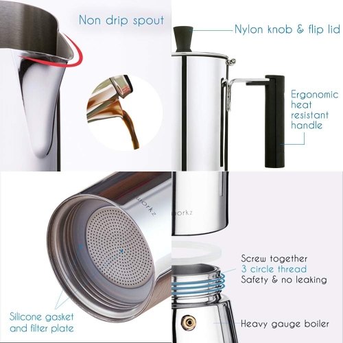 Easyworkz Pedro Stovetop Espresso Maker 4-6Cup 300ml Stainless Steel Italian Coffee Machine Maker Induction Moka Pot