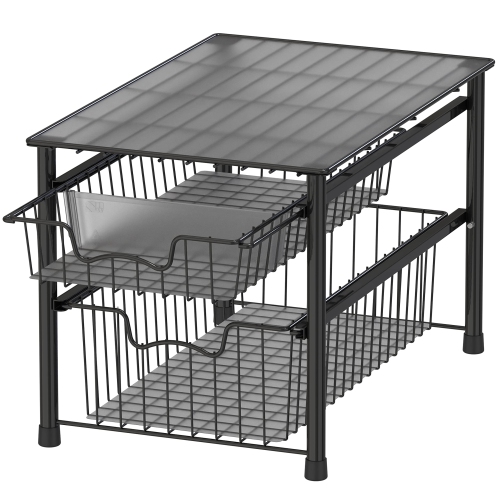SimpleHouseware 2 Tier Stackable Pull Out Sliding Basket Organizer Drawer, Black