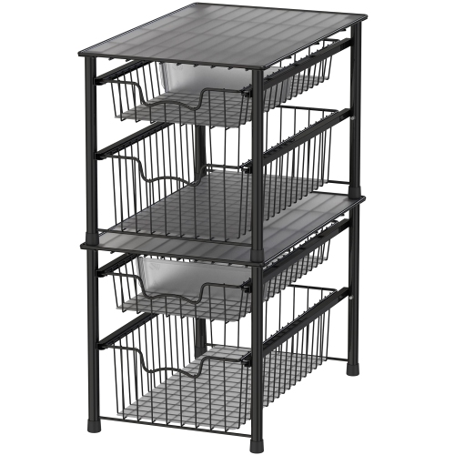SimpleHouseware 2 Tier Stackable Pull Out Sliding Basket Organizer Drawer, Black