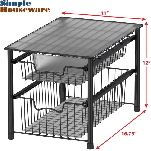 SimpleHouseware 2 Tier Stackable Pull Out Sliding Basket Organizer Drawer, Black