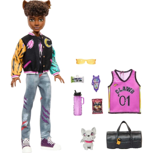 Monster High Doll, Clawd Wolf Werewolf with Pet Gargoyle Bulldog & Themed Accessories, Includes Casketball Jersey & Bag