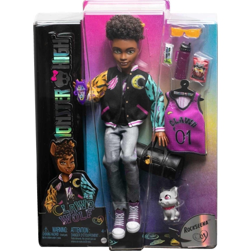 Monster High Doll, Clawd Wolf Werewolf with Pet Gargoyle Bulldog & Themed Accessories, Includes Casketball Jersey & Bag