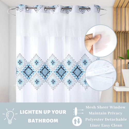 Ecoehoe Extra Long 71x79 White Boho No Hooks Shower Curtain with Replacement Polyester Snap Liner–100% Waterproof