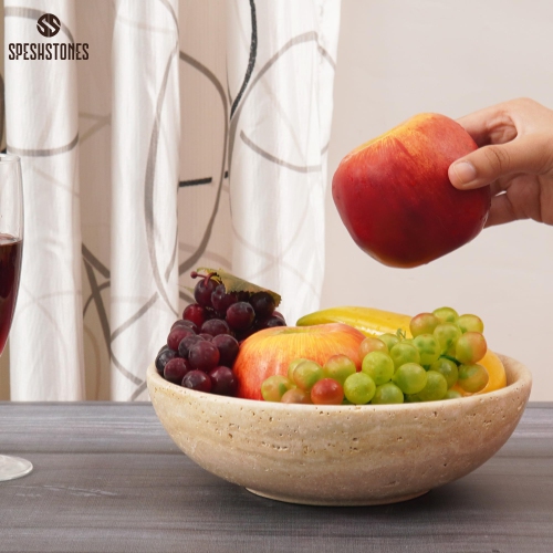 SPESHSTONES Travertine Marble Fruit Bowl - 8" / 20 cm Modern Kitchen Table Handmade Fruits Holder