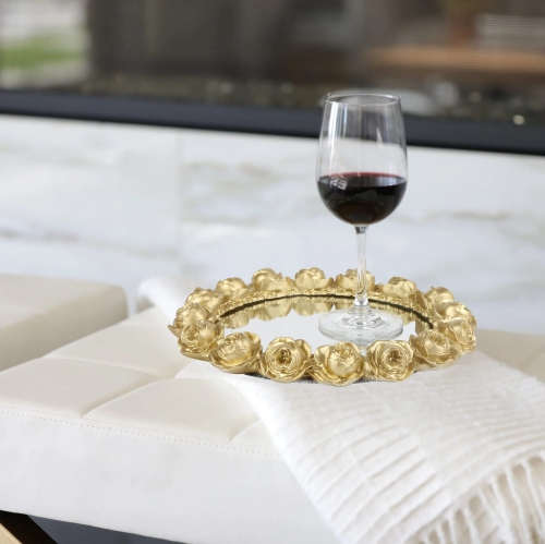 Vixdonos – Plateau décoratif rond pour salle de bain avec plateau miroir et résine rose dorée pour les parfums, les bijoux et le maquillage