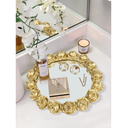 Vixdonos – Plateau décoratif rond pour salle de bain avec plateau miroir et résine rose dorée pour les parfums, les bijoux et le maquillage