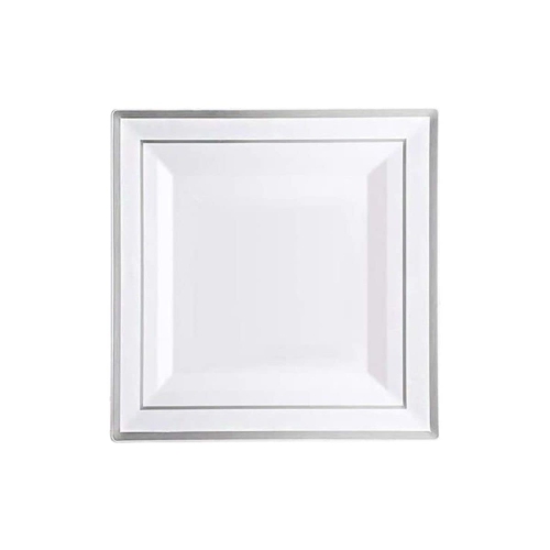 M Honor 50 Piece Silver Rimmed Square Plastic Reusable Plates for Weddings, Parties and Dinners | 7.25 Inch