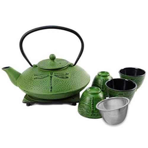 Ensemble de théière en fonte avec 4&nbsp;tasses en forme de libellule 37&nbsp;oz de Cuisiland - Rouge